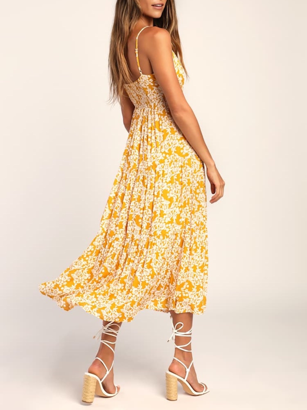 NWT Lulus Catching Sunrays Mustard Yellow Floral Print Midi Dress - Picture 2 of 5